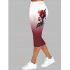 Ombre Rose Flower Print Capri Leggings Elastic Waist Skinny Cropped Leggings