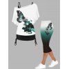 Ensemble de Legging Capri Décontracté et Tops Longs à Imprimé Fleur et Papillon à Col Oblique Peinture à l'Encre - multicolor S
