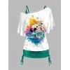 Ensemble Décontracté de Débardeur Plissé en Couleur Unie et T-shirt à Imprimé Rose et Crâne à Col Oblique - Vert clair S