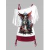 Ensemble de T-shirt Décontracté à Imprimé Rose et Statue à Col Oblique et Débardeur Plissé - Rouge foncé L