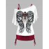 Ensemble de T-shirt à Imprimé Ailes Croisées à Col Oblique et de Camisole Cintrée Deux Pièces - Rouge foncé XXL