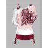 Flower Skull Butterfly Print Skew Collar T-shirt And Cinched V Neck Spaghetti Strap Camisole Two Piece Set - DEEP RED L