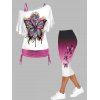 Flower Psychedelic Butterfly Print Cinched Ruched Spaghetti Strap Tops and Ombre Capri Leggings Casual Outfit - multicolor S