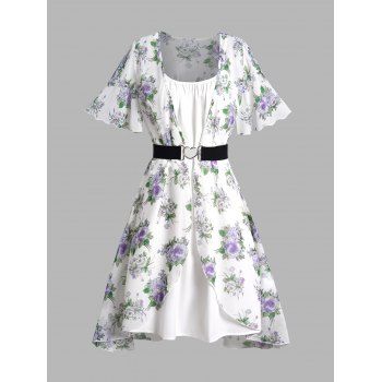 

Flower Print Belt Flutter Sleeve Cover Up Top and Plain Color Cami Dress Casual Outfit, White