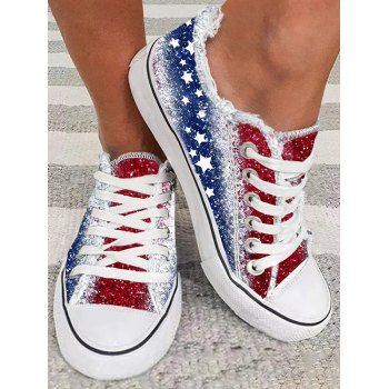 Star Print Lace Up Frayed Hem Casual Shoes