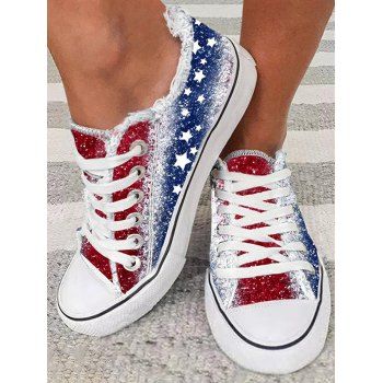 

Star Print Lace Up Frayed Hem Casual Shoes, Multicolor a