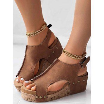 

Topstitching Peep Toe Casual Waterproof Wedge Sandals, Brown