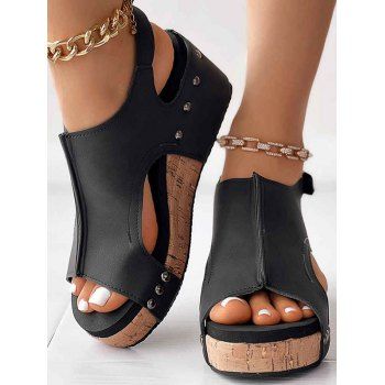 

Topstitching Peep Toe Casual Waterproof Wedge Sandals, Black