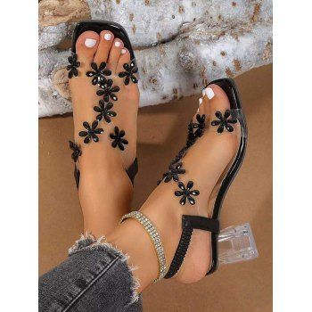 

3D Flower Sheer Strap Slip On Chunky Heel Sandals, Black