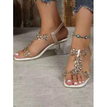 

3D Flower Sheer Strap Slip On Chunky Heel Sandals, Rose gold