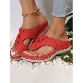 

Hollow Out Topstitching Outdoor Casual Wedge Flip Flops, Red