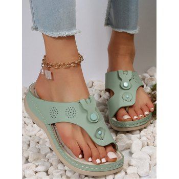 

Hollow Out Topstitching Outdoor Casual Wedge Flip Flops, Green