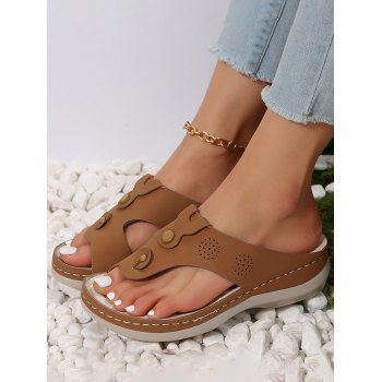 

Hollow Out Topstitching Outdoor Casual Wedge Flip Flops, Brown