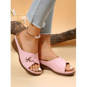 

Anti-slip Matal Decor Topstitching Casual Slip On Wedge Slippers, Pink