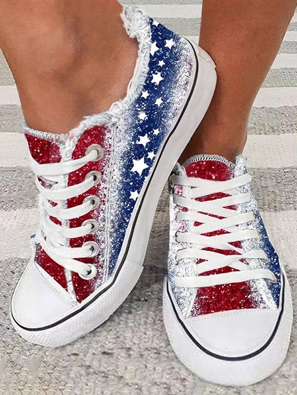 Star Print Lace Up Frayed Hem Casual Shoes - multicolor A EU 43