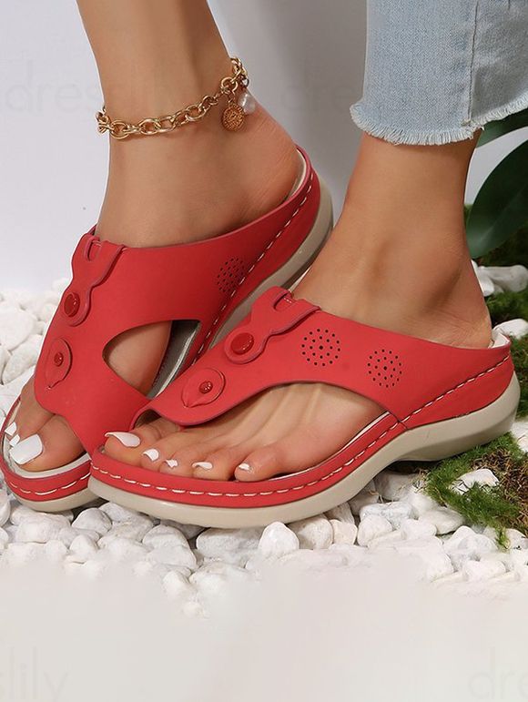 Hollow Out Topstitching Outdoor Casual Wedge Flip Flops - Rouge EU 35