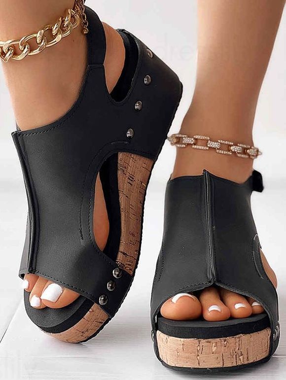 Topstitching Peep Toe Casual Waterproof Wedge Sandals - Noir EU 37