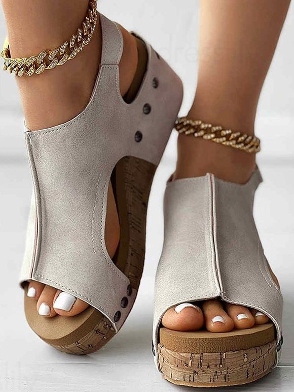 Topstitching Peep Toe Casual Waterproof Wedge Sandals - Abricot EU 38