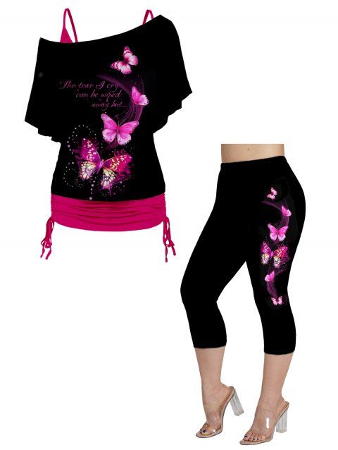 Plus Size Butterfly and Letter Print Oblique Shoulder Tops and Capri Leggings Casual Outfit
