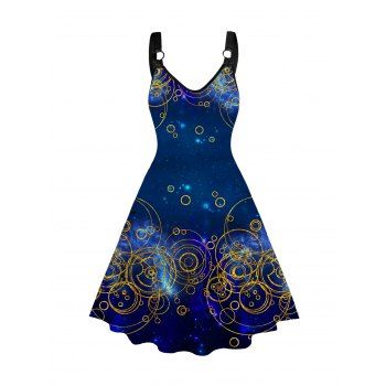 

Plus Size Celestial Star and Circle Print Dress O Ring Strap A Line Casual Dress, Deep blue