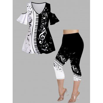 

Plus Size Music Note Print Two Tone Cold Shoulder T Shirt and Capri Leggings Casual Outfit, Multicolor a