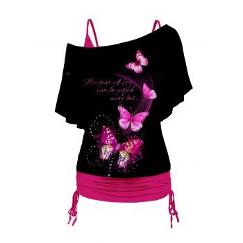 

Plus Size Butterfly and Letter Print Oblique Shoulder T Shirt Cinched Ruched Tank Top Set, Light pink