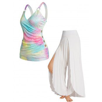

Pastel Color Hollow Out Mock Button Plunge Ruched Tank Top and Overlap Harem Pants Casual Outfit, Multicolor