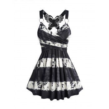 

Streak Dye Print Tank Top Butterfly Lace O Ring Crossover Top, Black