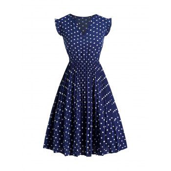 

Polka Dot Print Ruffle Dress V Notched Casual Mini Dress, Deep blue