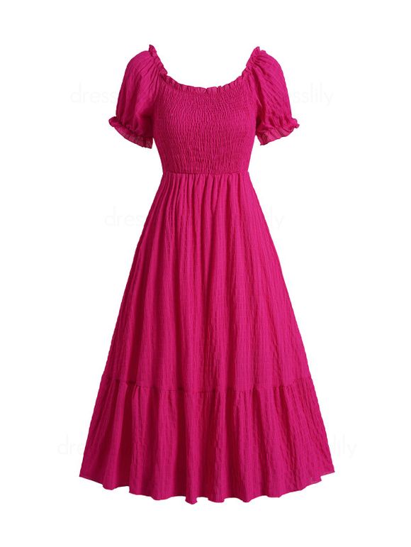 Robe Mi-longue Smockée Volantée à Manches Bouffantes Multiusage - Rouge M