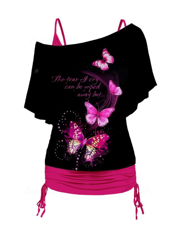 Ensemble de T-shirt à Imprimé Lettre et Papillon à Epaule Oblique et Débardeur Plissée de Grande Taille - Rose clair 4X
