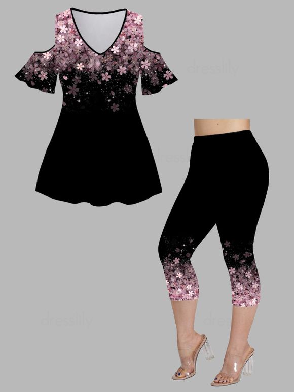 Plus Size Cherry Blossoms Print Cold Shoulder Top and Capri Legging Casual Outfit - LIGHT PINK L