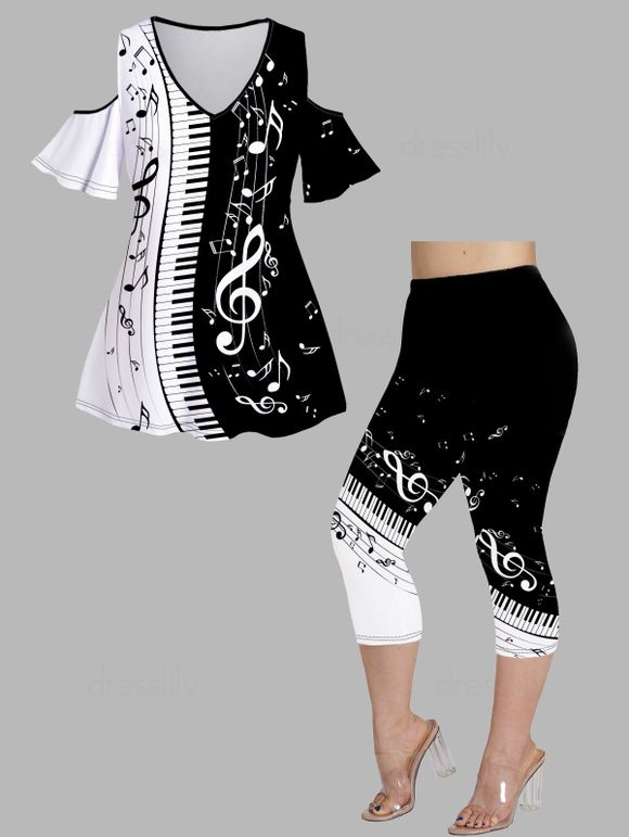 Plus Size Music Note Print Two Tone Cold Shoulder T Shirt and Capri Leggings Casual Outfit - multicolor A L
