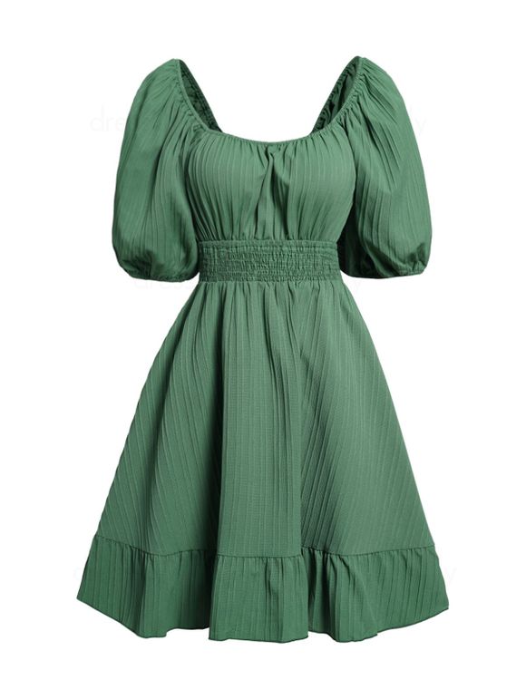 Mini Robe Volantée Découpée en Couleur Unie à Manches Bouffantes avec Nœud Papillon - Vert M