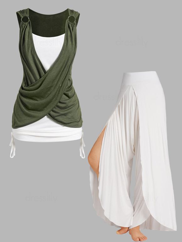 Ensemble de Pantalon Harem Sarouel Superposé et Débardeur Décontracté Croisé en Blocs de Couleurs à Volants - multicolor S