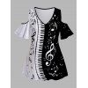 Plus Size Music Note Print Two Tone Cold Shoulder T Shirt and Capri Leggings Casual Outfit - multicolor A L