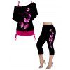 Plus Size Butterfly and Letter Print Oblique Shoulder Tops and Capri Leggings Casual Outfit - LIGHT PINK L