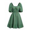 Mini Robe Volantée Découpée en Couleur Unie à Manches Bouffantes avec Nœud Papillon - Vert M