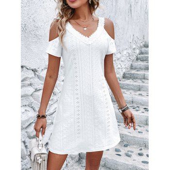 

Cold Shoulder Eyelet Embroidery Dress Plain Color Guipure Casual Shift Dress, White