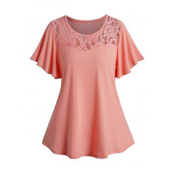 

Lace Panel T Shirt Plain Color Flutter Sleeve Round Neck Casual Top, Light orange