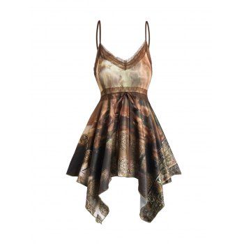 

Lace Vintage Handkerchief Cami Top Print Spaghetti Strap Asymmetrical Top, Deep coffee