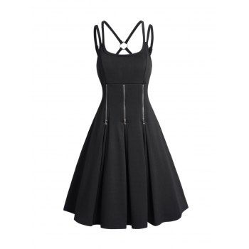 

Dual Strap Corset Style Dress Plain Color Zipper O Ring Casual A Line Dress, Black