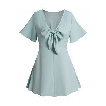 

Plain Color Bowknot Tied Blouse Short Sleeve V Neck Casual Top, Light green