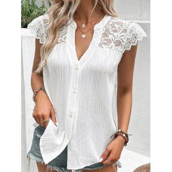 

Plain Color Lace Panel Blouse Button Cap Sleeve Textured Casual Top, White