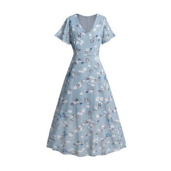 

Floral Allover Print Dress V Neck Zip Back A Line Casual Maxi Dress, Light blue