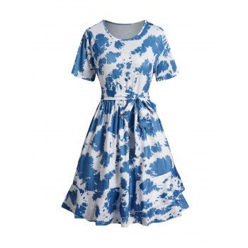 

Tie Dye Print Belt Dress Short Sleeve Ruffle Hem Casual Mini Dress, Light blue