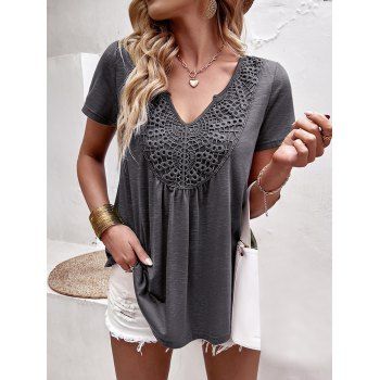 

Hollow Out Lace Guipure T Shirt Short Sleeve V Notched Casual Top, Gray