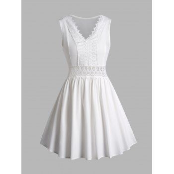 

Plain Color Lace Insert Dress Sleeveless V Neck Casual Mini Dress, White