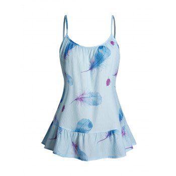 

Plus Size Feather Print Ruffle Camisole Top Spaghetti Strap Fresh Style Casual Top, Light blue