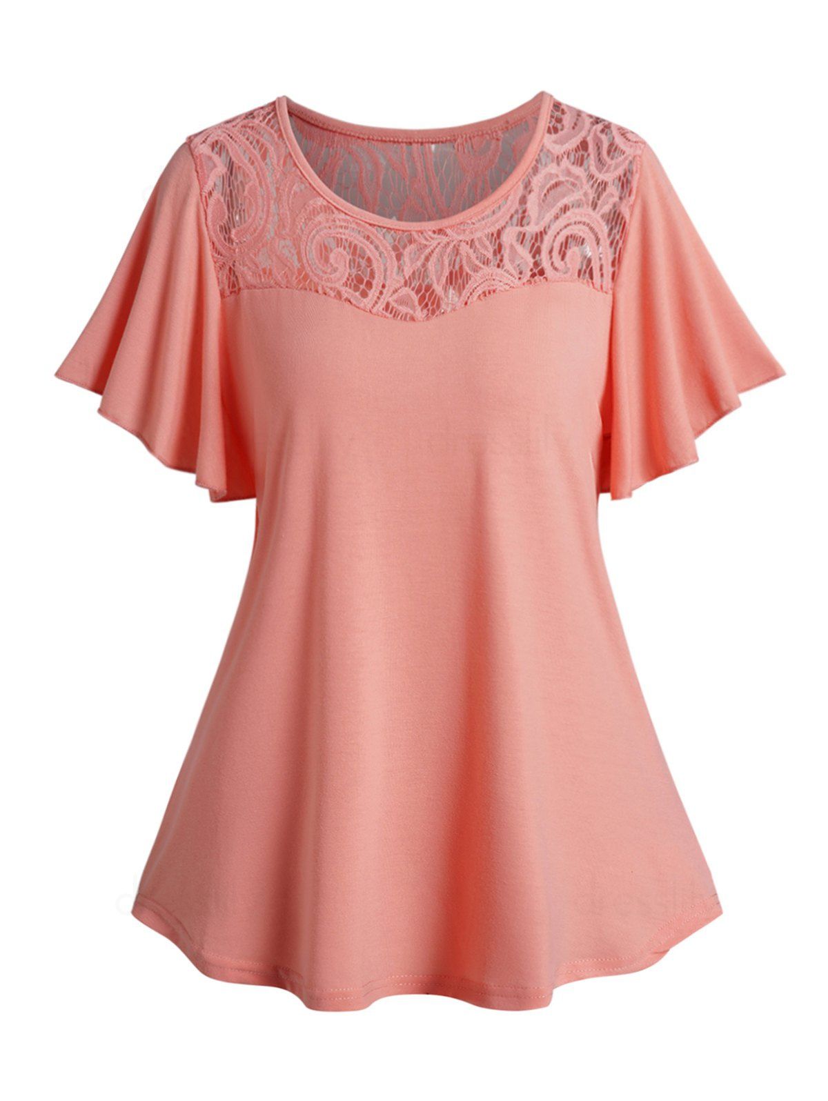 Dresslily Lace Panel T Shirt Plain Color Flutter Sleeve Round Neck Casual Top